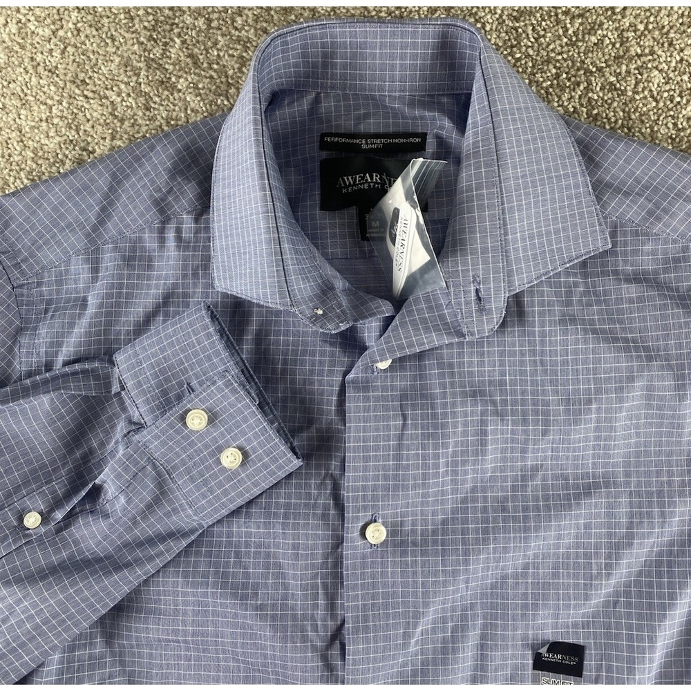 Awareness Kenneth Cole Slim Fit Dress Shirt 15-34/35 Mens M Blue‎ Plaid Non Iron